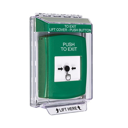 GLR131PX-EN STI Green Indoor/Outdoor Low Profile Flush Mount Key-to-Reset Push Button with PUSH TO EXIT Label English
