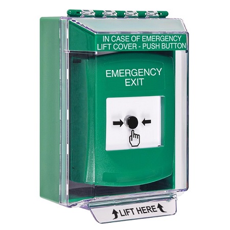 GLR171EX-EN STI Green Indoor/Outdoor Low Profile Surface Mount Key-to-Reset Push Button with EMERGENCY EXIT Label English