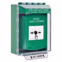 GLR171HV-EN STI Green Indoor/Outdoor Low Profile Surface Mount Key-to-Reset Push Button with HVAC SHUT-DOWN Label English