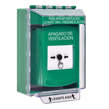 GLR171HV-ES STI Green Indoor/Outdoor Low Profile Surface Mount Key-to-Reset Push Button with HVAC SHUT-DOWN Label Spanish