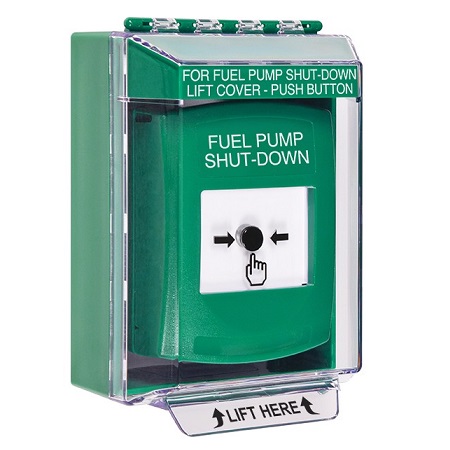 GLR171PS-EN STI Green Indoor/Outdoor Low Profile Surface Mount Key-to-Reset Push Button with FUEL PUMP SHUT-DOWN Label English