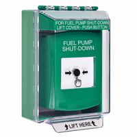 GLR171PS-EN STI Green Indoor/Outdoor Low Profile Surface Mount Key-to-Reset Push Button with FUEL PUMP SHUT-DOWN Label English