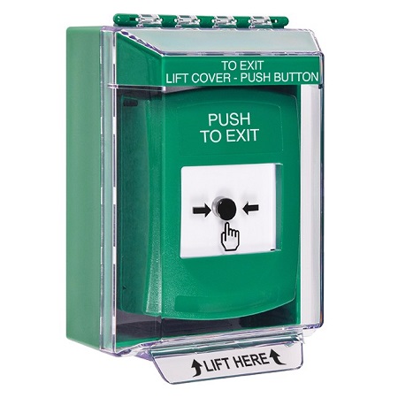 GLR171PX-EN STI Green Indoor/Outdoor Low Profile Surface Mount Key-to-Reset Push Button with PUSH TO EXIT Label English