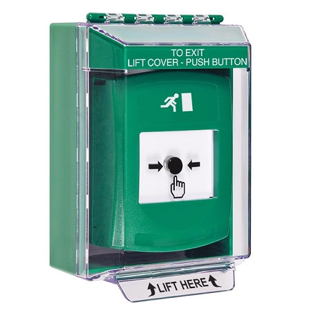 GLR171RM-EN STI Green Indoor/Outdoor Low Profile Surface Mount Key-to-Reset Push Button with Running Man Icon English