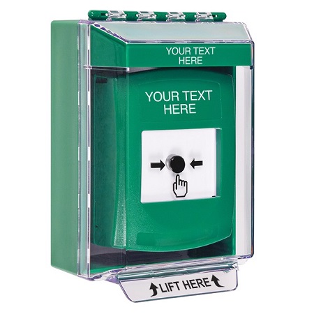 GLR171ZA-EN STI Green Indoor/Outdoor Low Profile Surface Mount Key-to-Reset Push Button with Non-Returnable Custom Text Label English