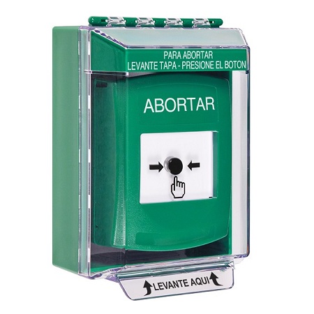 GLR181AB-ES STI Green Indoor/Outdoor Low Profile Surface Mount w/ Sound Key-to-Reset Push Button with ABORT Label Spanish