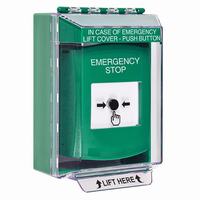 GLR181ES-EN STI Green Indoor/Outdoor Low Profile Surface Mount w/ Sound Key-to-Reset Push Button with EMERGENCY STOP Label English