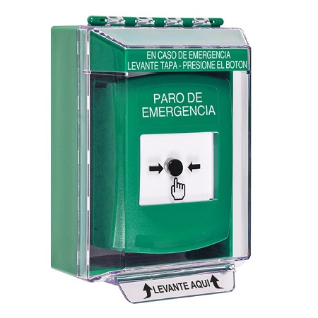 GLR181ES-ES STI Green Indoor/Outdoor Low Profile Surface Mount w/ Sound Key-to-Reset Push Button with EMERGENCY STOP Label Spanish