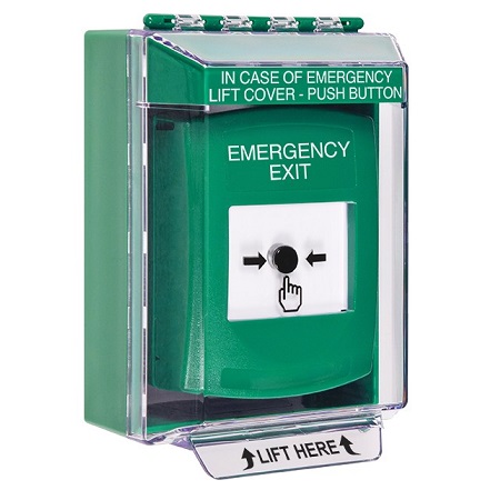 GLR181EX-EN STI Green Indoor/Outdoor Low Profile Surface Mount w/ Sound Key-to-Reset Push Button with EMERGENCY EXIT Label English