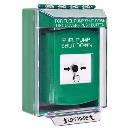 GLR181PS-EN STI Green Indoor/Outdoor Low Profile Surface Mount w/ Sound Key-to-Reset Push Button with FUEL PUMP SHUT-DOWN Label English