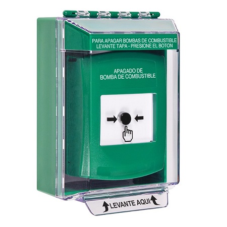 GLR181PS-ES STI Green Indoor/Outdoor Low Profile Surface Mount w/ Sound Key-to-Reset Push Button with FUEL PUMP SHUT-DOWN Label Spanish