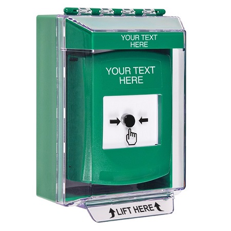 GLR181ZA-EN STI Green Indoor/Outdoor Low Profile Surface Mount w/ Sound Key-to-Reset Push Button with Non-Returnable Custom Text Label English