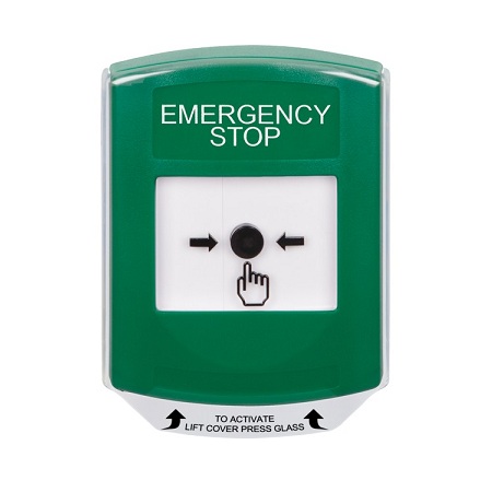 GLR1A1ES-EN STI Green Indoor Only Shield w/ Sound Key-to-Reset Push Button with EMERGENCY STOP Label English