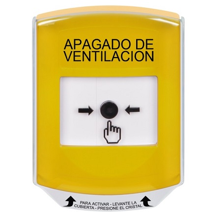 GLR221HV-ES STI Yellow Indoor Only Shield Key-to-Reset Push Button with HVAC SHUT-DOWN Label Spanish