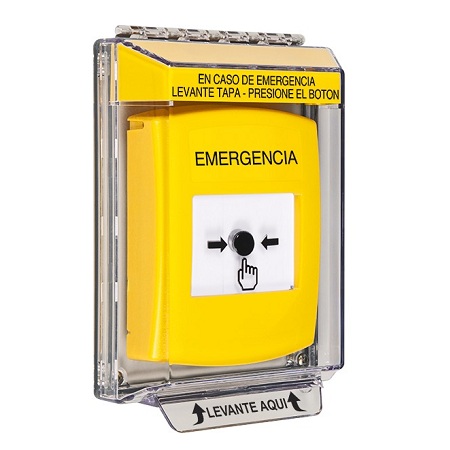 GLR231EM-ES STI Yellow Indoor/Outdoor Low Profile Flush Mount Key-to-Reset Push Button with EMERGENCY Label Spanish