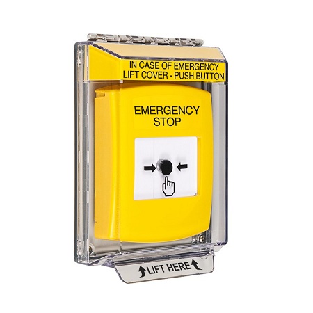 GLR231ES-EN STI Yellow Indoor/Outdoor Low Profile Flush Mount Key-to-Reset Push Button with EMERGENCY STOP Label English