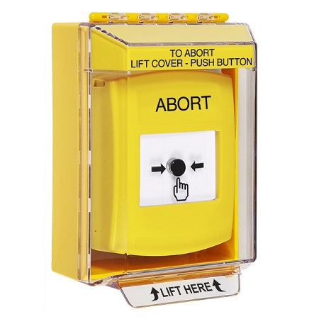 GLR281AB-EN STI Yellow Indoor/Outdoor Low Profile Surface Mount w/ Sound Key-to-Reset Push Button with ABORT Label English
