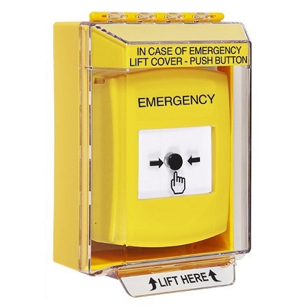 GLR281EM-EN STI Yellow Indoor/Outdoor Low Profile Surface Mount w/ Sound Key-to-Reset Push Button with EMERGENCY Label English
