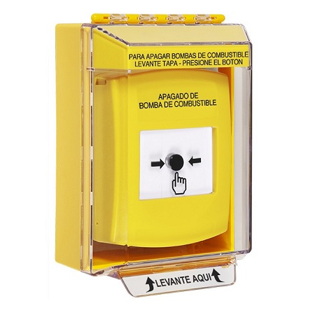 GLR281PS-ES STI Yellow Indoor/Outdoor Low Profile Surface Mount w/ Sound Key-to-Reset Push Button with FUEL PUMP SHUT-DOWN Label Spanish