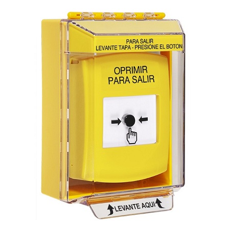 GLR281PX-ES STI Yellow Indoor/Outdoor Low Profile Surface Mount w/ Sound Key-to-Reset Push Button with PUSH TO EXIT Label Spanish