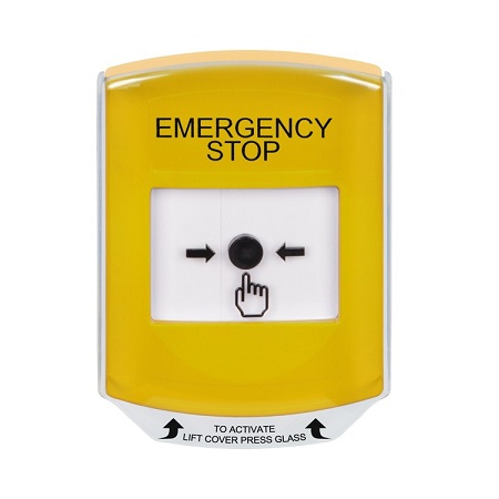 GLR2A1ES-EN STI Yellow Indoor Only Shield w/ Sound Key-to-Reset Push Button with EMERGENCY STOP Label English