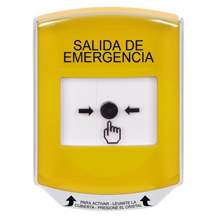 GLR2A1EX-ES STI Yellow Indoor Only Shield w/ Sound Key-to-Reset Push Button with EMERGENCY EXIT Label Spanish