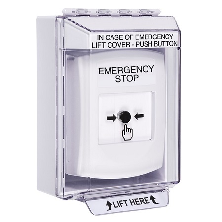 GLR371ES-EN STI White Indoor/Outdoor Low Profile Surface Mount Key-to-Reset Push Button with EMERGENCY STOP Label English
