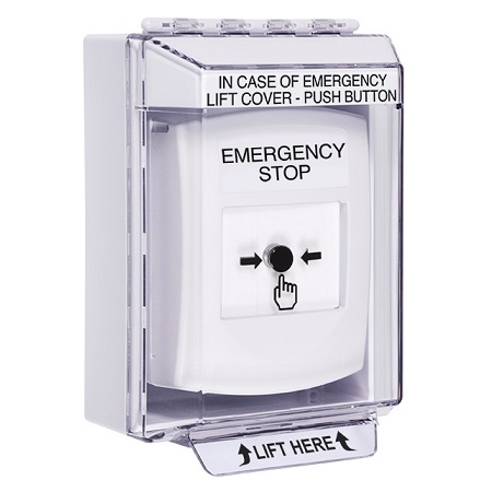 GLR381ES-EN STI White Indoor/Outdoor Low Profile Surface Mount w/ Sound Key-to-Reset Push Button with EMERGENCY STOP Label English