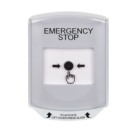 GLR3A1ES-EN STI White Indoor Only Shield w/ Sound Key-to-Reset Push Button with EMERGENCY STOP Label English