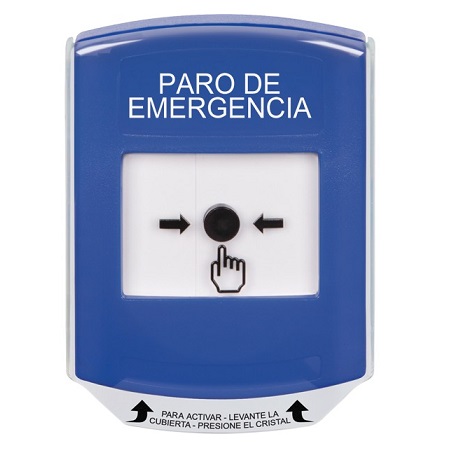 GLR421ES-ES STI Blue Indoor Only Shield Key-to-Reset Push Button with EMERGENCY STOP Label Spanish