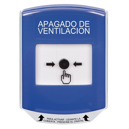 GLR421HV-ES STI Blue Indoor Only Shield Key-to-Reset Push Button with HVAC SHUT-DOWN Label Spanish