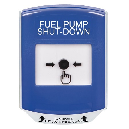 GLR421PS-EN STI Blue Indoor Only Shield Key-to-Reset Push Button with FUEL PUMP SHUT-DOWN Label English
