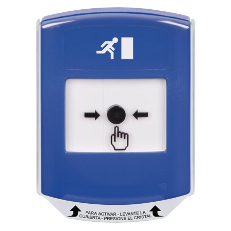 GLR421RM-ES STI Blue Indoor Only Shield Key-to-Reset Push Button with Running Man Icon Spanish