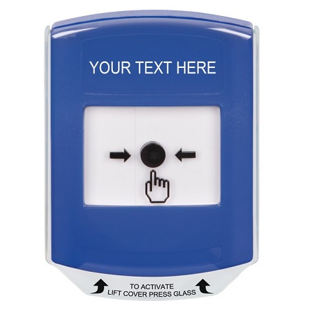 GLR421ZA-EN STI Blue Indoor Only Shield Key-to-Reset Push Button with Non-Returnable Custom Text Label English