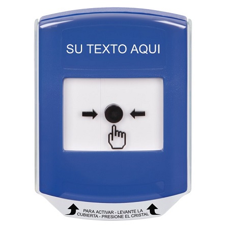 GLR421ZA-ES STI Blue Indoor Only Shield Key-to-Reset Push Button with Non-Returnable Custom Text Label Spanish