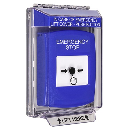 GLR431ES-EN STI Blue Indoor/Outdoor Low Profile Flush Mount Key-to-Reset Push Button with EMERGENCY STOP Label English