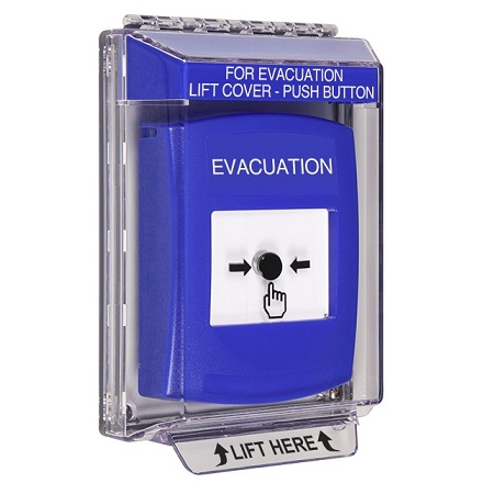 GLR431EV-EN STI Blue Indoor/Outdoor Low Profile Flush Mount Key-to-Reset Push Button with EVACUATION Label English