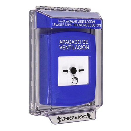 GLR431HV-ES STI Blue Indoor/Outdoor Low Profile Flush Mount Key-to-Reset Push Button with HVAC SHUT-DOWN Label Spanish