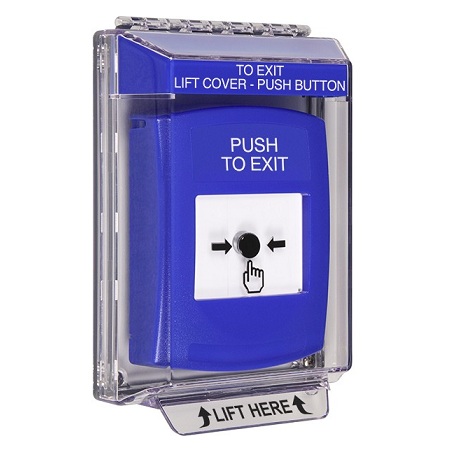 GLR431PX-EN STI Blue Indoor/Outdoor Low Profile Flush Mount Key-to-Reset Push Button with PUSH TO EXIT Label English