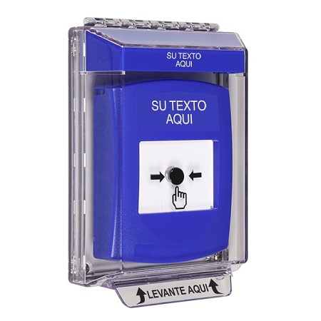 GLR431ZA-ES STI Blue Indoor/Outdoor Low Profile Flush Mount Key-to-Reset Push Button with Non-Returnable Custom Text Label Spanish