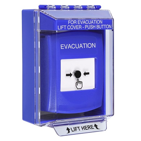GLR471EV-EN STI Blue Indoor/Outdoor Low Profile Surface Mount Key-to-Reset Push Button with EVACUATION Label English
