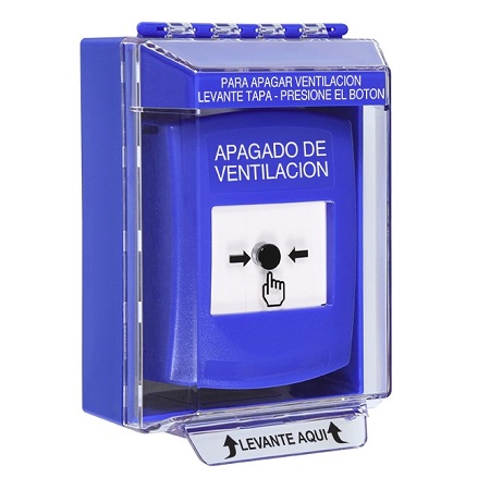 GLR471HV-ES STI Blue Indoor/Outdoor Low Profile Surface Mount Key-to-Reset Push Button with HVAC SHUT-DOWN Label Spanish