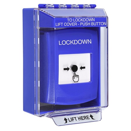 GLR471LD-EN STI Blue Indoor/Outdoor Low Profile Surface Mount Key-to-Reset Push Button with LOCKDOWN Label English