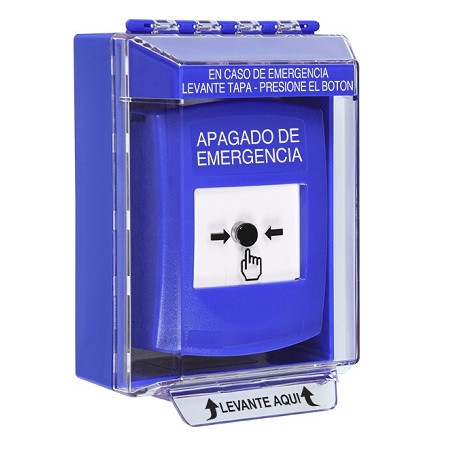 GLR471PO-ES STI Blue Indoor/Outdoor Low Profile Surface Mount Key-to-Reset Push Button with EMERGENCY POWER OFF Label Spanish