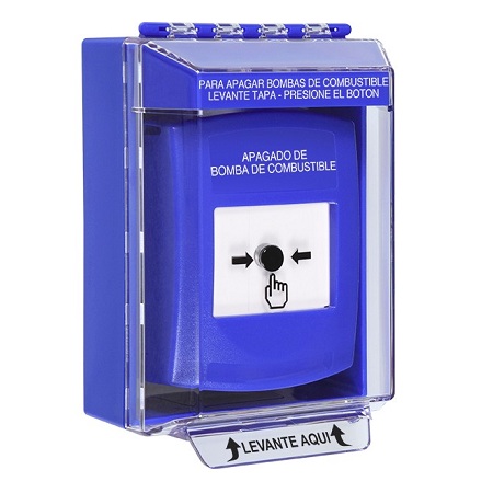GLR471PS-ES STI Blue Indoor/Outdoor Low Profile Surface Mount Key-to-Reset Push Button with FUEL PUMP SHUT-DOWN Label Spanish