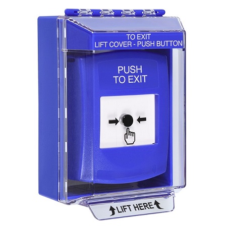 GLR471PX-EN STI Blue Indoor/Outdoor Low Profile Surface Mount Key-to-Reset Push Button with PUSH TO EXIT Label English