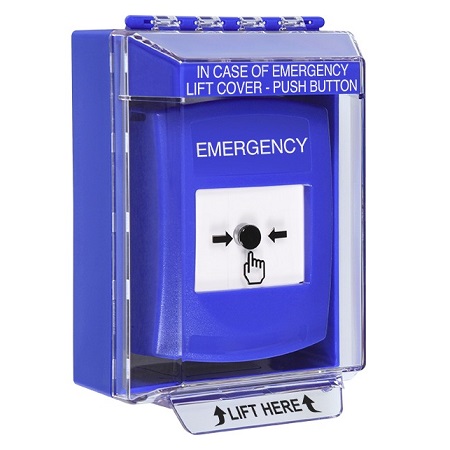 GLR481EM-EN STI Blue Indoor/Outdoor Low Profile Surface Mount w/ Sound Key-to-Reset Push Button with EMERGENCY Label English