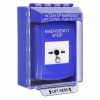 GLR481ES-EN STI Blue Indoor/Outdoor Low Profile Surface Mount w/ Sound Key-to-Reset Push Button with EMERGENCY STOP Label English