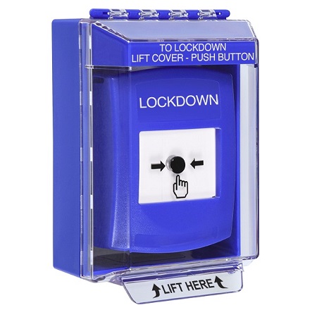 GLR481LD-EN STI Blue Indoor/Outdoor Low Profile Surface Mount w/ Sound Key-to-Reset Push Button with LOCKDOWN Label English