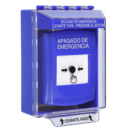 GLR481PO-ES STI Blue Indoor/Outdoor Low Profile Surface Mount w/ Sound Key-to-Reset Push Button with EMERGENCY POWER OFF Label Spanish